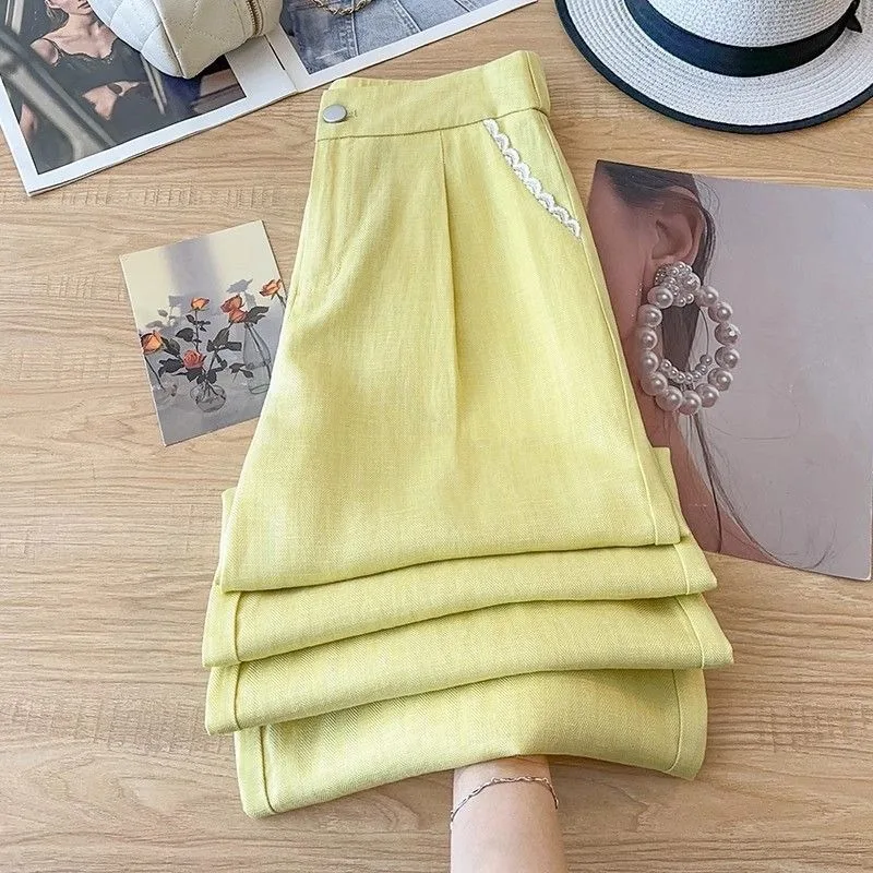 

Кофейные широкие брюки из хлопка и льна для женщин, новые летние свободные повседневные прямые брюки с высокой талией, 9 дюймов