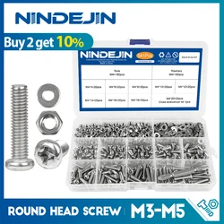 NINDEJIN 541/721pcs Cross Round Head Screw Assortment Kit M3 M4 M5 Phillips Machine Screw Set with Nut Washer Stainless Steel