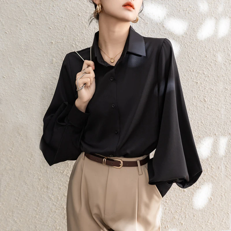 

Woman Spring Autumn Korean Style Blouses Shirts Office Lady Lantern Sleeve Turn-down Collar Loose Blusas Female Casual Tops