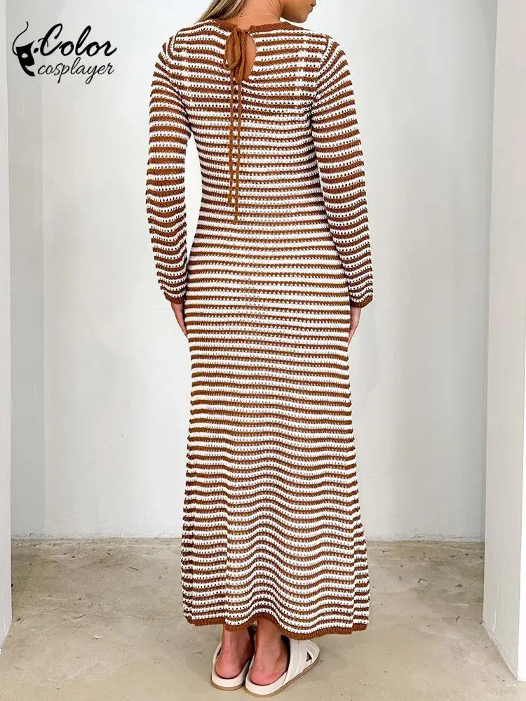 Phantasy Women Knitted Dress Long Sleeved Stripe Dress Autumn Winter Gown Women Slim Bodycon Crewneck Fashion Female Clothing