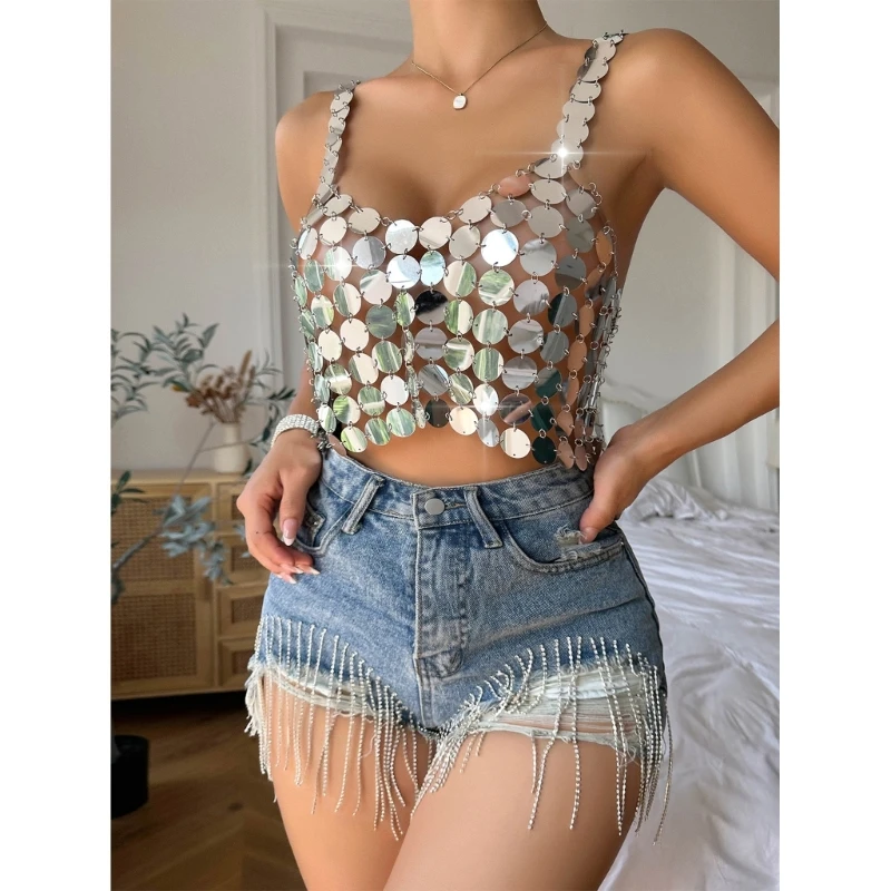 Summer Mirror Chain Bras Hollows Out Sleeveless Backless Chain Tops