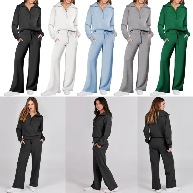 Autumn Womens Sweatsuit Long Sleeve Outfit Set Casual Pullover and Wide Leg Pants Tracksuits Set Sleepwear Loungewear Casual