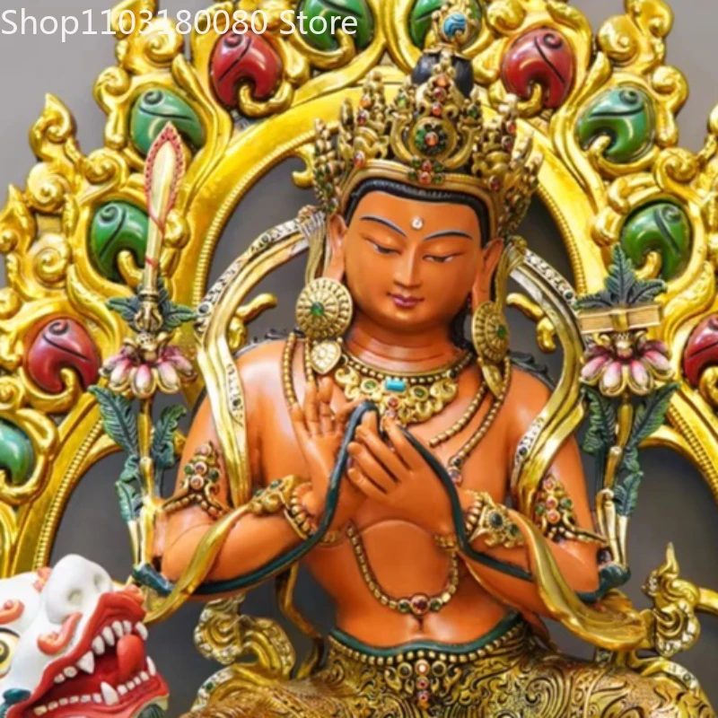 Copper gilding Painting Manjusri riding a lion statue Manjusri Bodhisattva buddha statue sculpture,40cm,30cm
