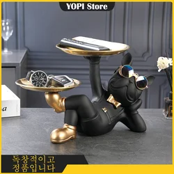 Resin Home Decor Dog Statue Butler with Tray Live Room French Bulldog Figurines Table Ornaments Decorative Dog Sculpture Gift