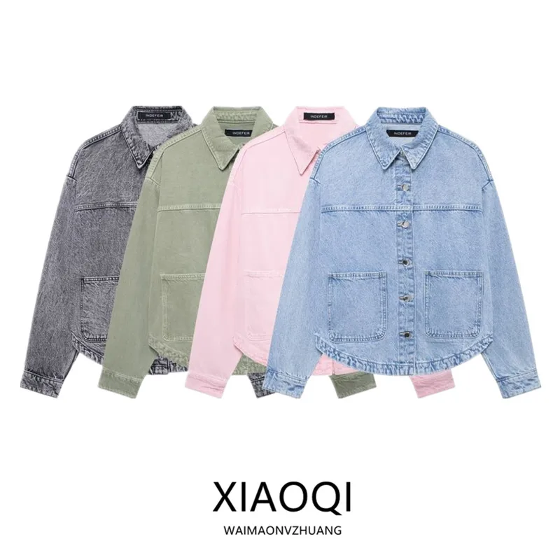 جاكيت دنيم نسائي جديد لخريف 2024 بأكمام طويلة من القطن، تصميم عصري فضفاض، معطف أنيق بأزرار