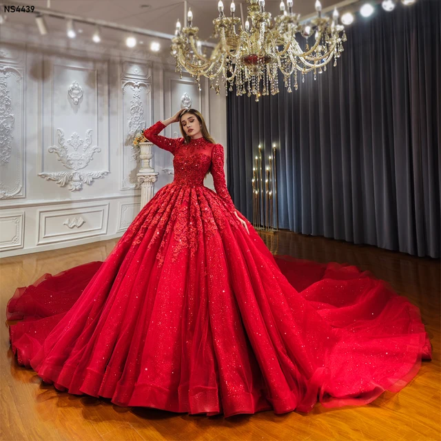 NS4439 Royal Lace Applique Ball Gown Luxury Red Wedding Dress AliExpress