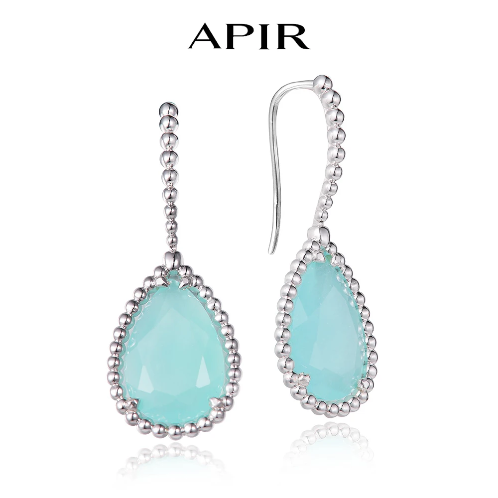 

APIR Bohemian Blue Green Chalcedony Water Drop Woman's Earrings 18K White Gold Plated Dance Party Wedding Luxury Long earrings