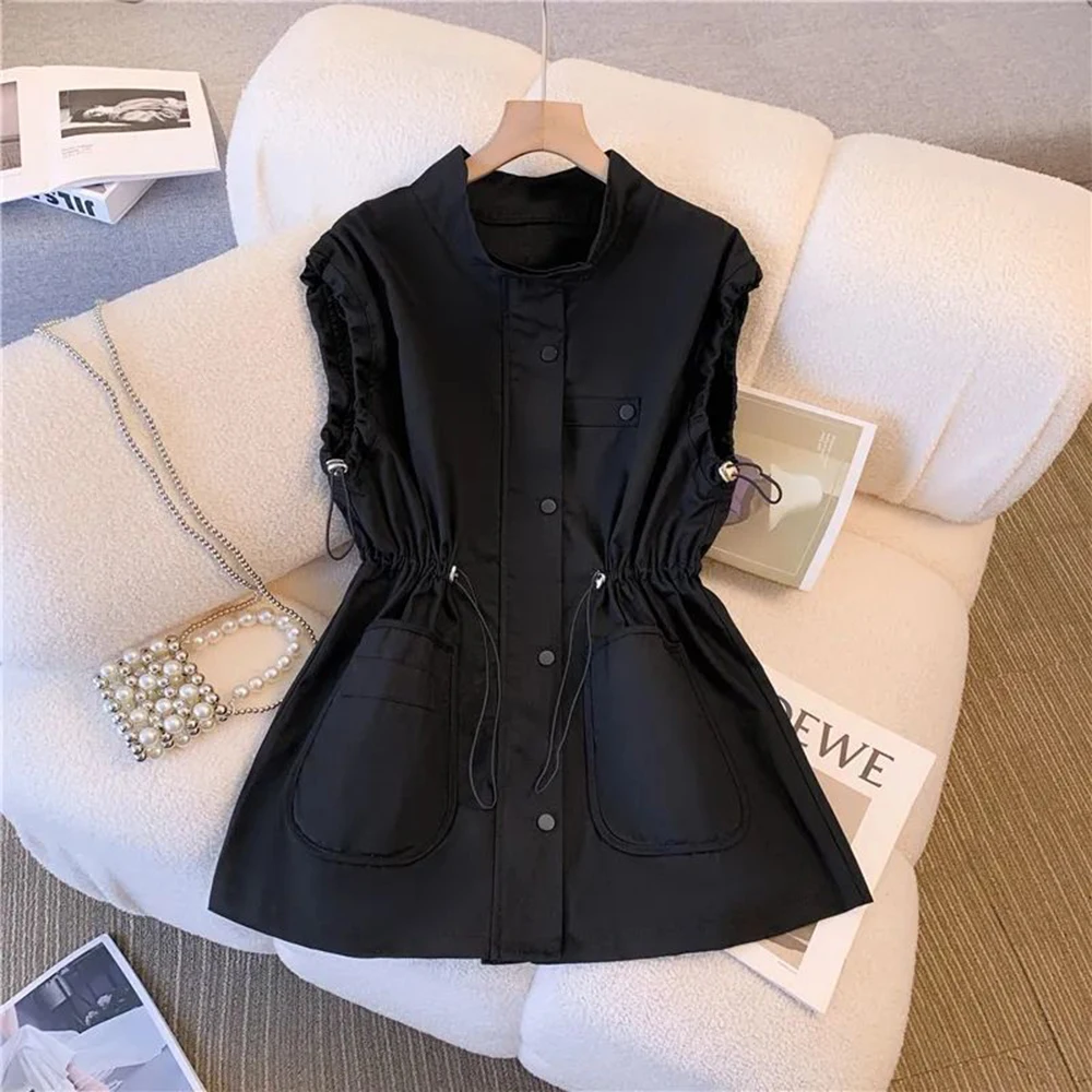 Long Cargo Vest Women's Korean Style Casual Loose Patchwork Drawstring Pocket Mid-Length Workwear Waistcoat Jacket Tops
