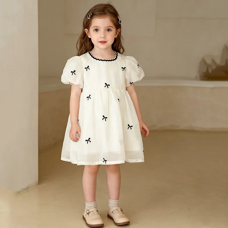 

Girls' Dress New Bowknot Embroidered Tulle Dress Stylish Puff Sleeve Short Sleeve Princess Dress Toddler Summer Dress