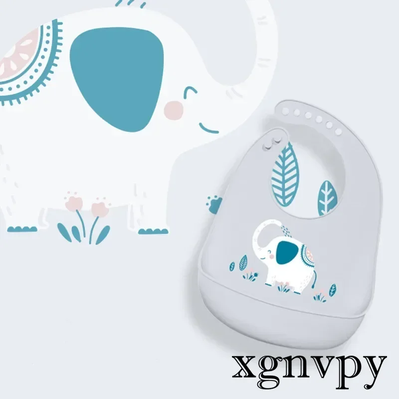 Xgnvpy Silicone Waterproof Baby Bib Feeding Food Soft Adjustable Burp Cloth Baby Material Handkerchief Bib Cartoon Elephant Bib