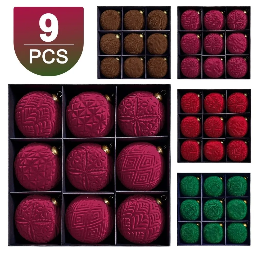 

9pcs 10cm Christmas Hanging Balls Vintage Flocking Velvet Christmas Balls Plastic Colorful Christmas Spheres Home Office Decor"