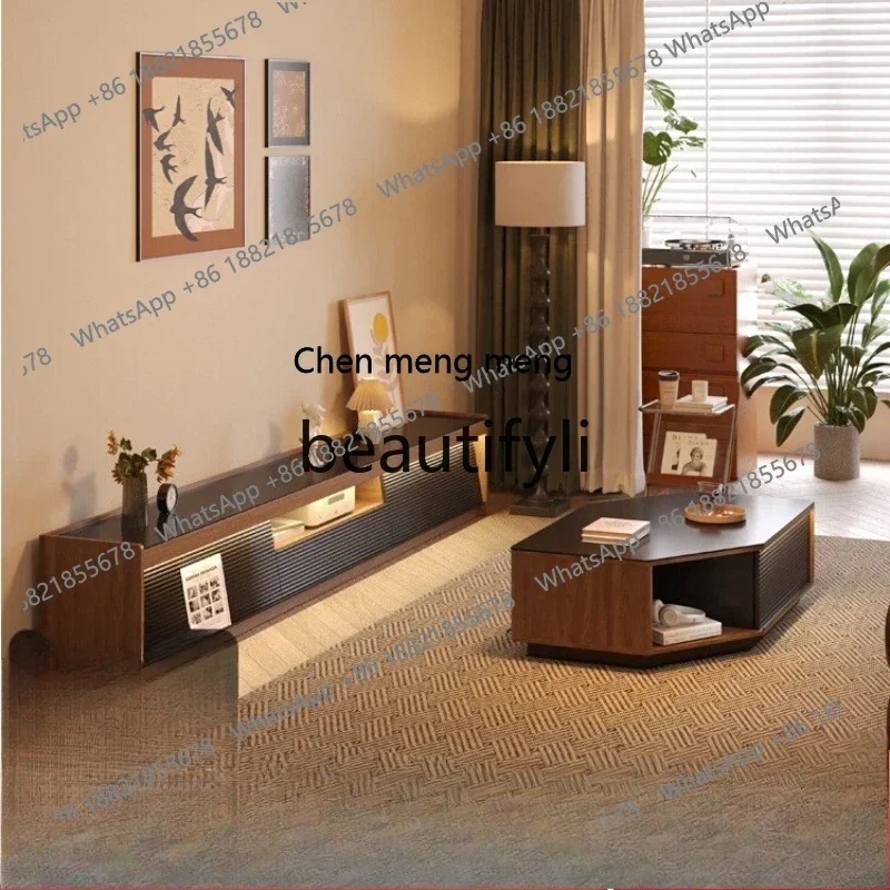 

TV Cabinet Living Room Household Floor Cabinet Solid Wood Walnut Medieval Coffee Table Combination Slate TV Floor Cabinet