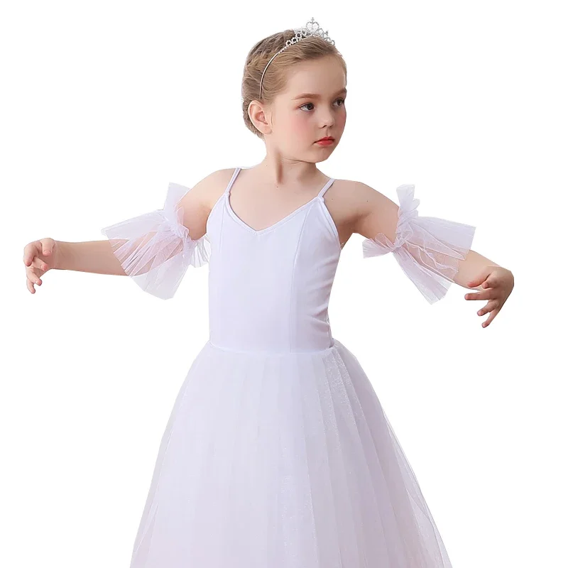 Professional Ballet Tutu Long Tulle Dress Girls White Swan Ballet Dress Performance Dance Ballerina Costume Kids Sling Dress