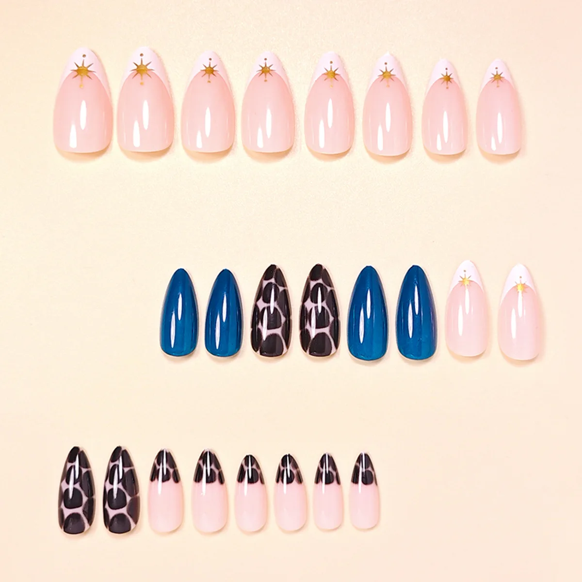 Faux ongles français simples en forme d'amande, léopard noir, avec Design étoile dorée, colle Y2K, pour femmes, Style Cool, 24 pièces