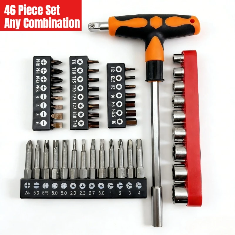 Juego de Destornilladores y Llaves Multifuncionales con Mango en Forma de T, Puntas Torx, Hexagonales, Planas y Cruzadas, Herramientas Manuales para Reparaciones Domésticas y Bricolaje