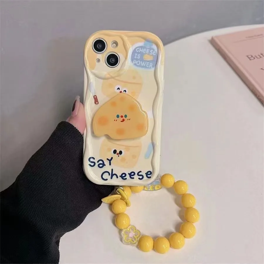 Cartoon Cheese 3D Wave Bracket Bracelet Phone Case for OPPO Reno 11 F 8 T 7 Z 6 5 4 Pro F23 F11 F9 4G 5G Back Cover