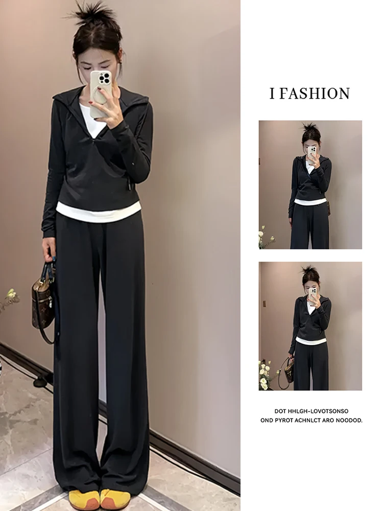

Casual Versatile Women's Hoodie And Wide Leg Pants Set Autumn New Sle Anti Wrinkle High Waist T irt Sle Faionable You...