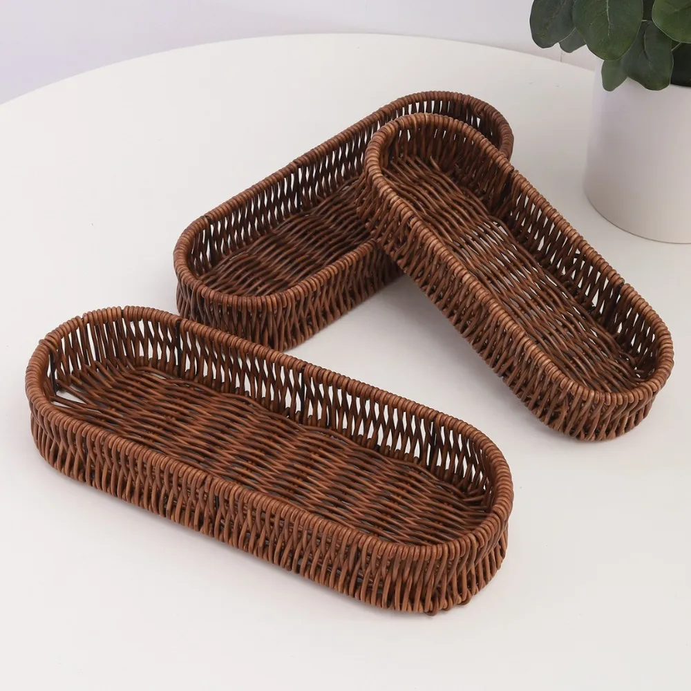 Durable Plastic Imitation Rattan Storage Basket Universal Oval Picnic Basket Home Desk Decoration Bread Food Plate