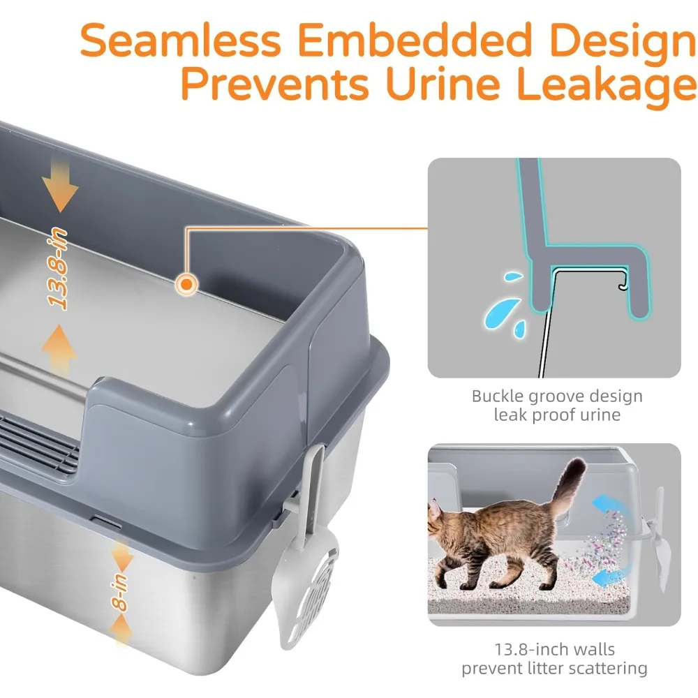 صندوق فضلات القطط كبير جدًا من الفولاذ المقاوم للصدأ مع غطاء، 23.7 لتر × 15.8 وات × 13.8 ارتفاع، حاوية عالية الجوانب للقطط الكبيرة #3