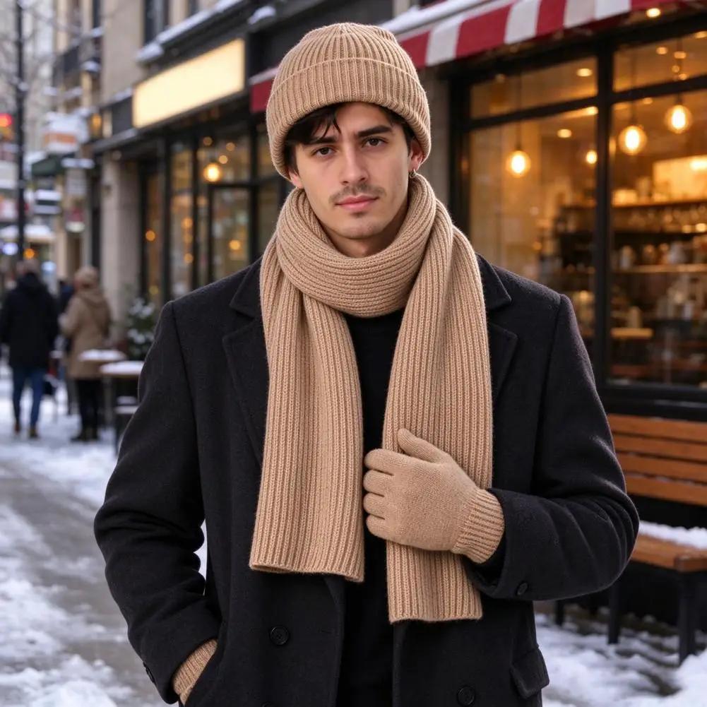 Winter Knitted Hat Scarf Gloves Set for Men Men's Knitted Hat Scarf Set Warm Winter Beanies with Gloves for Outdoor for Winter