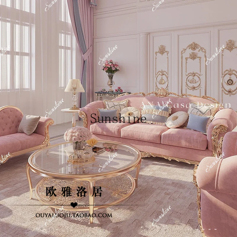 French court fabric carved sofa 123 combination retro light luxury living room solid wood furniture  FT