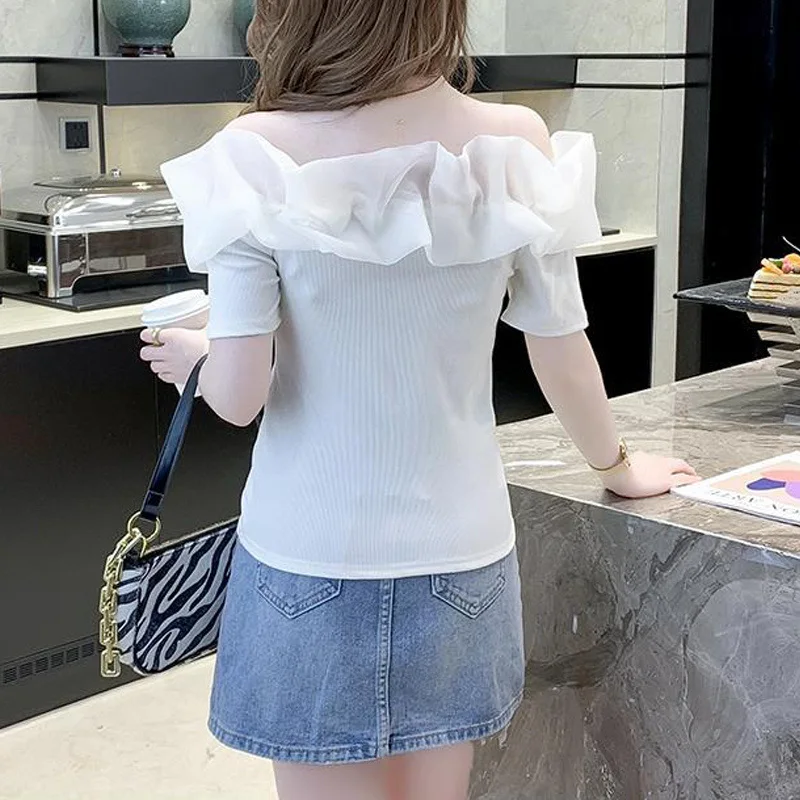 Off Shoulder Sexy Chic Sweet Crop Top Women Summer Fashion Casual Ruffle Patchwork Black White Fairy Kawaii Short Sleeve T Shirt