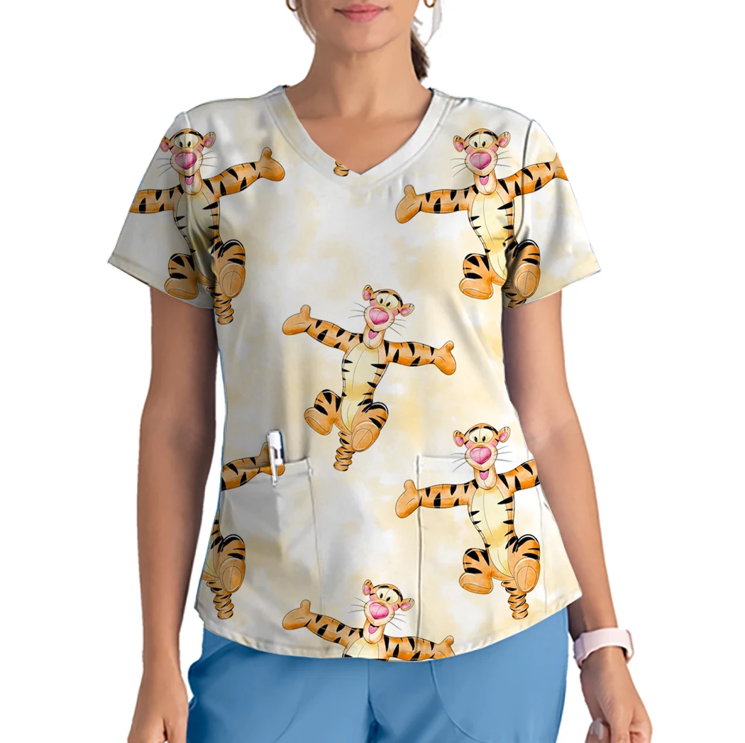 Summer Disney Winnie the Pooh Tigger Print Workwear V-neck Pocket Tops Pet Beauty Salon Work Nurse Care Worker Casual