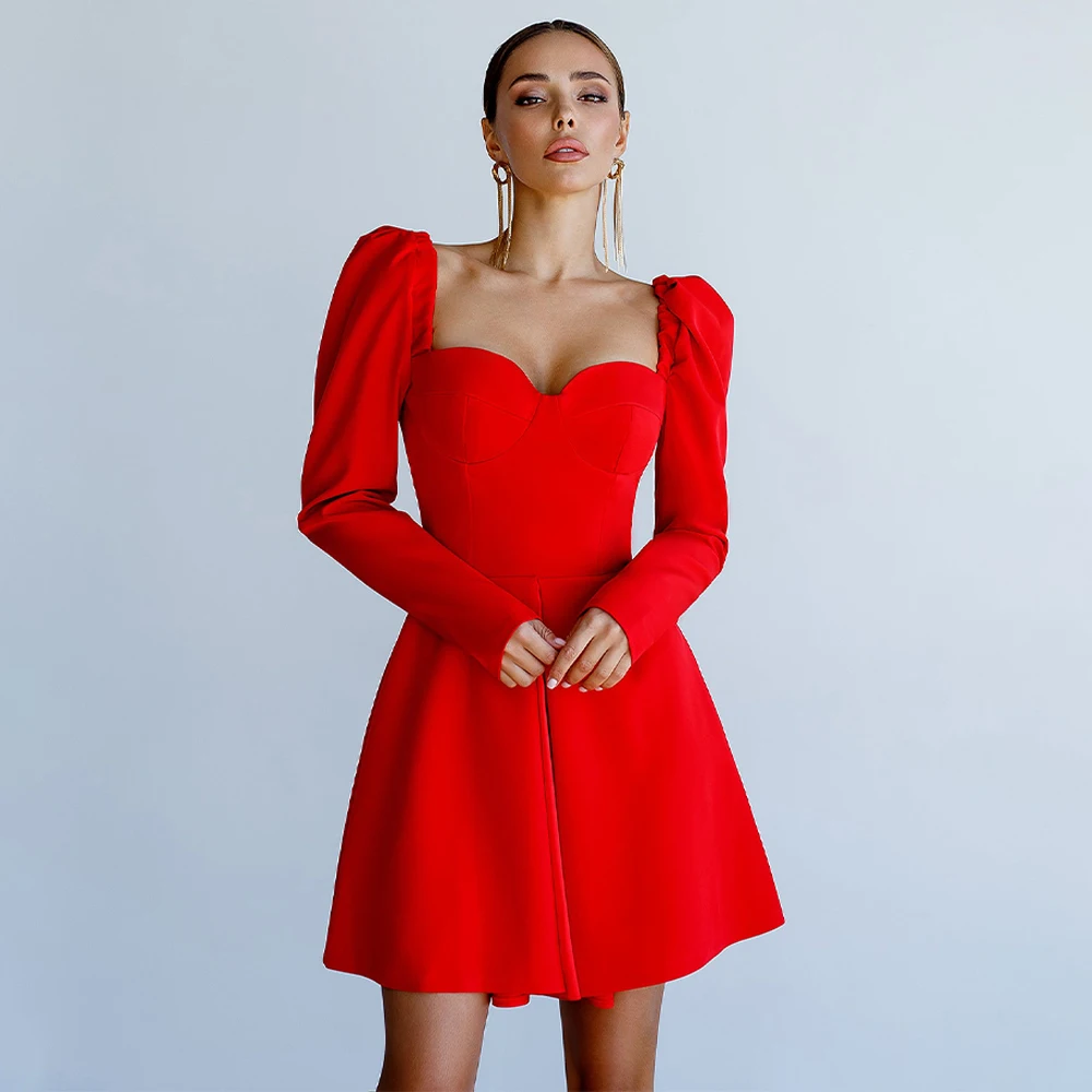 

Long Sleeves Cocktail Dresses for Wedding Red Sweetheart A Line Evning Party Gowns Mini Backless 2023 Simple Gown Short