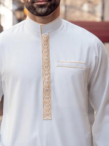 Imagen 2 del producto Túnica árabe musulmana islámica de lujo para hombres, thobe de hombres árabes con cuello levantado bordado de manga larga