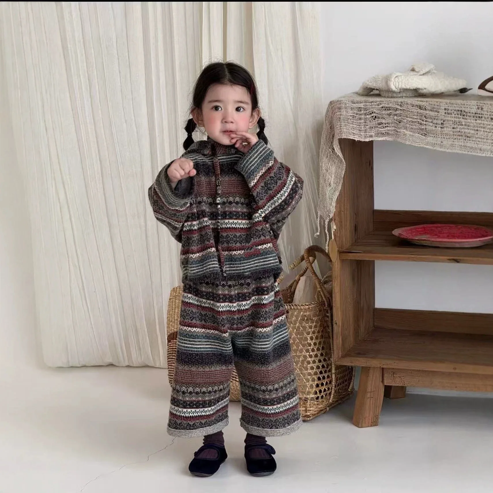 2026 Autumn Winter New Girls Sets Striped Hooded Two Piece Outfit, Bohemian Style Non-knit Sweater + Pants Kids Suit