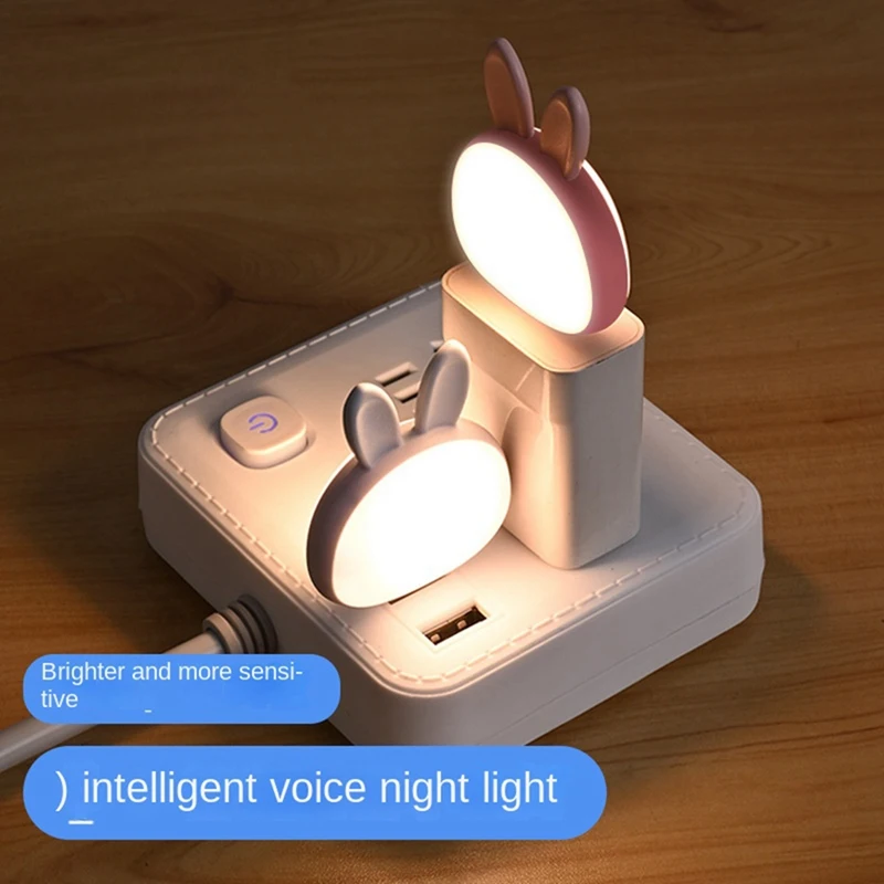 2 pçs lâmpada de leitura usb, mini coelho luz noturna, voz inteligente 3 cores lâmpada de mesa para o quarto das crianças rosa fácil de usar