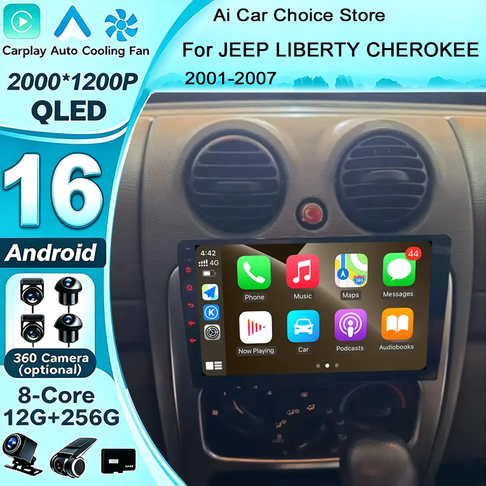Android 16 Car Radio Player For JEEP LIBERTY CHEROKEE 2001-2007 Wireless Carplay Navigation GPS 4G Wifi Support 1080P Video Dual