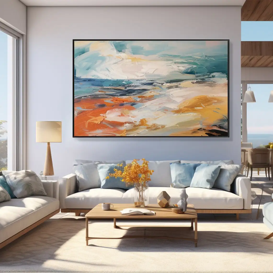 Large Abstract Blue Ocean Oil Painting on Canvas Original Colorful Painting Living Room Orange Beach Painting Modern Wall Art