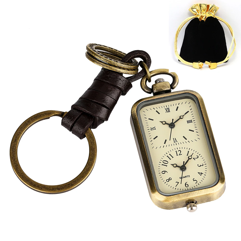 

Bronze Rectangle Dual Time Zones Pocket Watch with Keyring Vintage Timepiece Gift Men Women