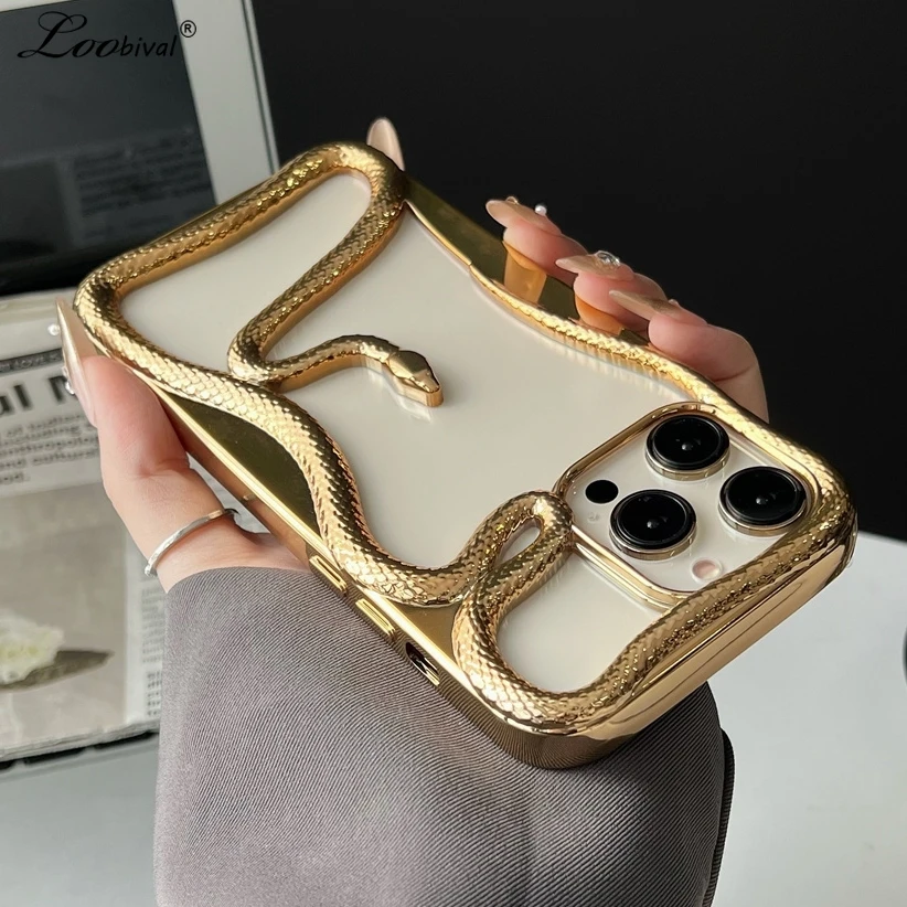 Cartoon 3D Snake Hollow Out Plating Case voor iPhone 16 15 14 Pro Max 12 13 11 Matte slang Warmteafvoer Effen Kleur Cover