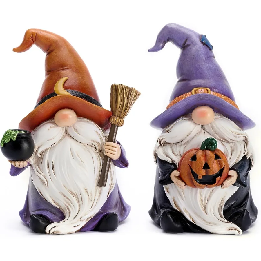 التماثيل هالوين tions داخلي 2 قطعة جنوم الراتنج ديكور للمنزل مع قبعة الساحرة مكنسة جاك يا فانوس القمر هالوين التماثيل El