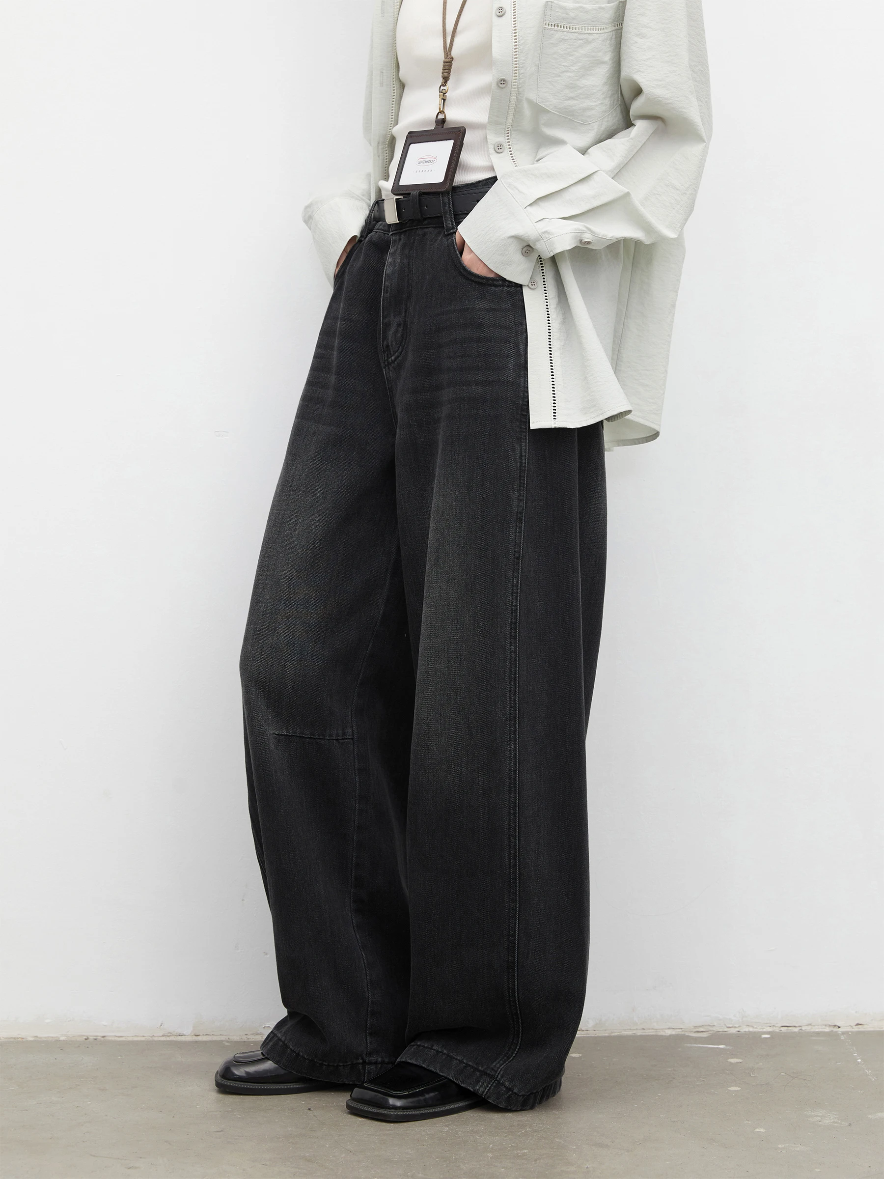 

Джинсы с высокой талией и широкими штанинами, утягивающие, с поясом, весна 2026, Chicven, свободный крой, из хлопкового денима