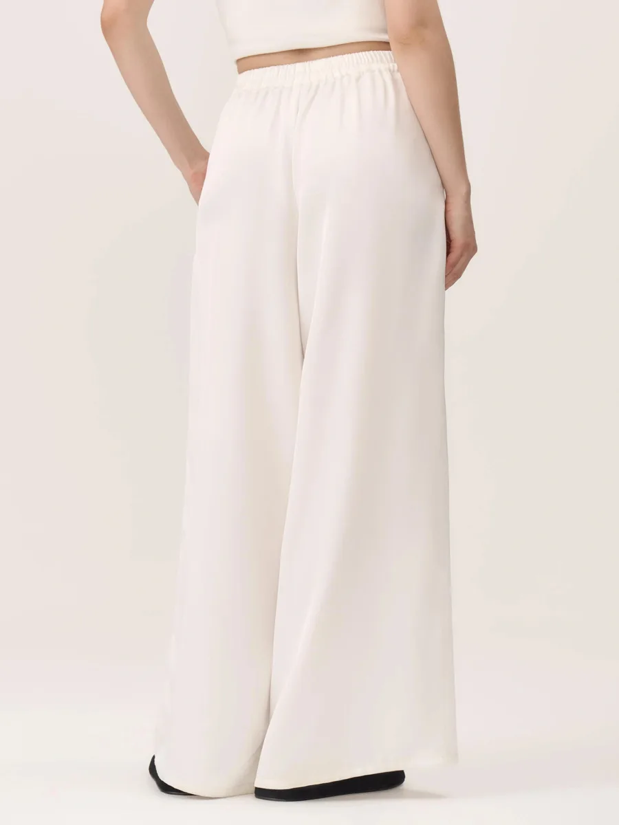 DFDG Women 2026 Spring Autumn Satin Set V Neck Wrap Tie Blouse High Waist Wide Leg Pants Elegant Vacation Matching Set