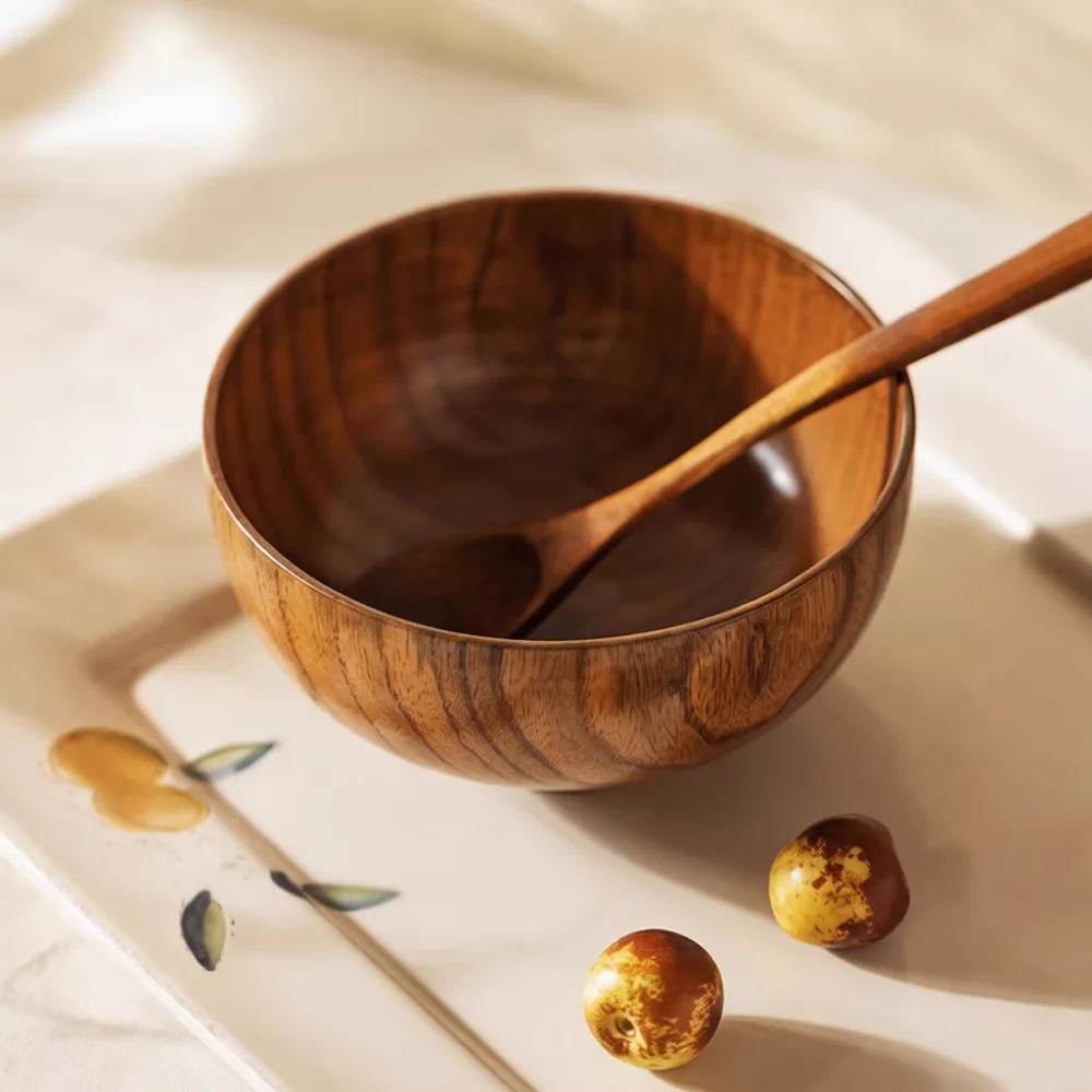 Bol en bois massif minimaliste, isolant, pour soupe, ramen, riz, plat de service épaissi anti-brûlure, accessoire de cuisine