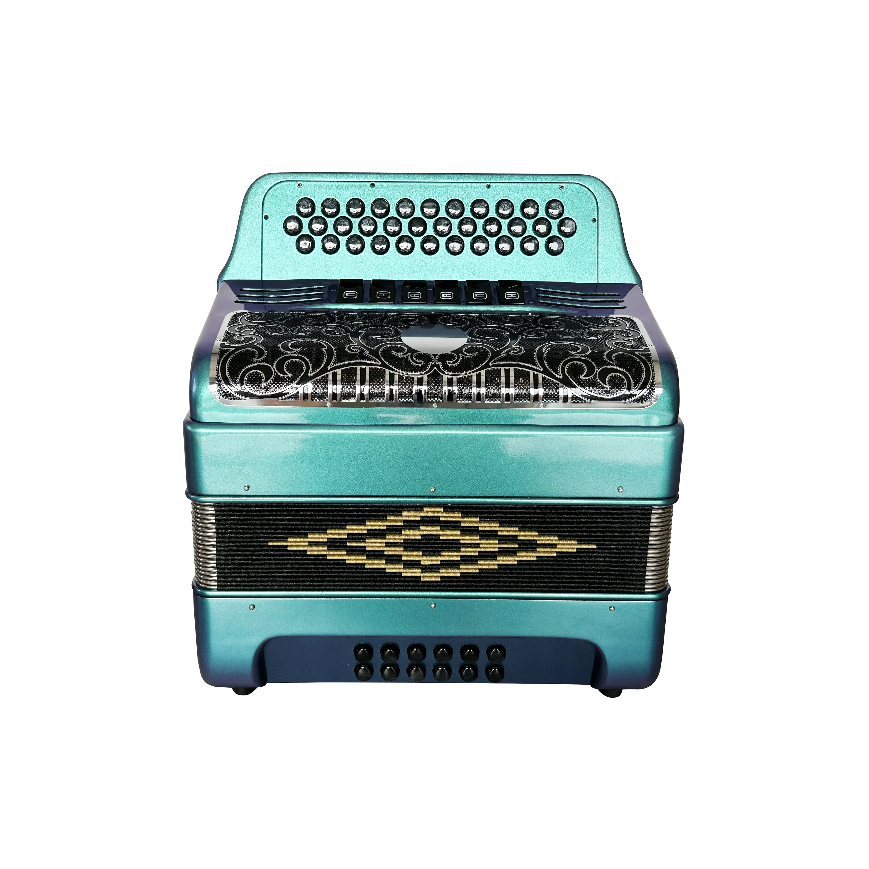 Diatonic Accordion 34 Buttons 12 Bass 6 Registers Green Chameleon Black Silver Grill Black Buttons 3412E Musical Customized