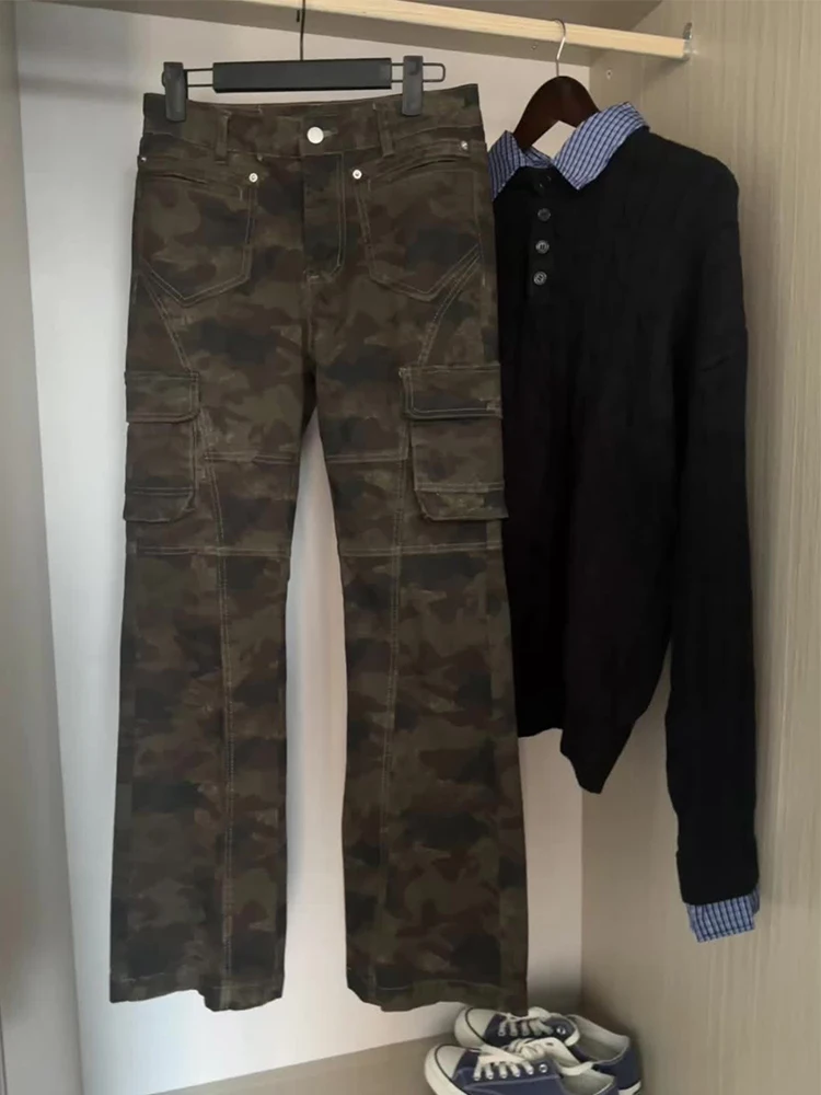 

American Retro Camouflage Work Pants Men's Slim Fit Straight Leg Jeans Multi-ket Design Casual Autumn Faion