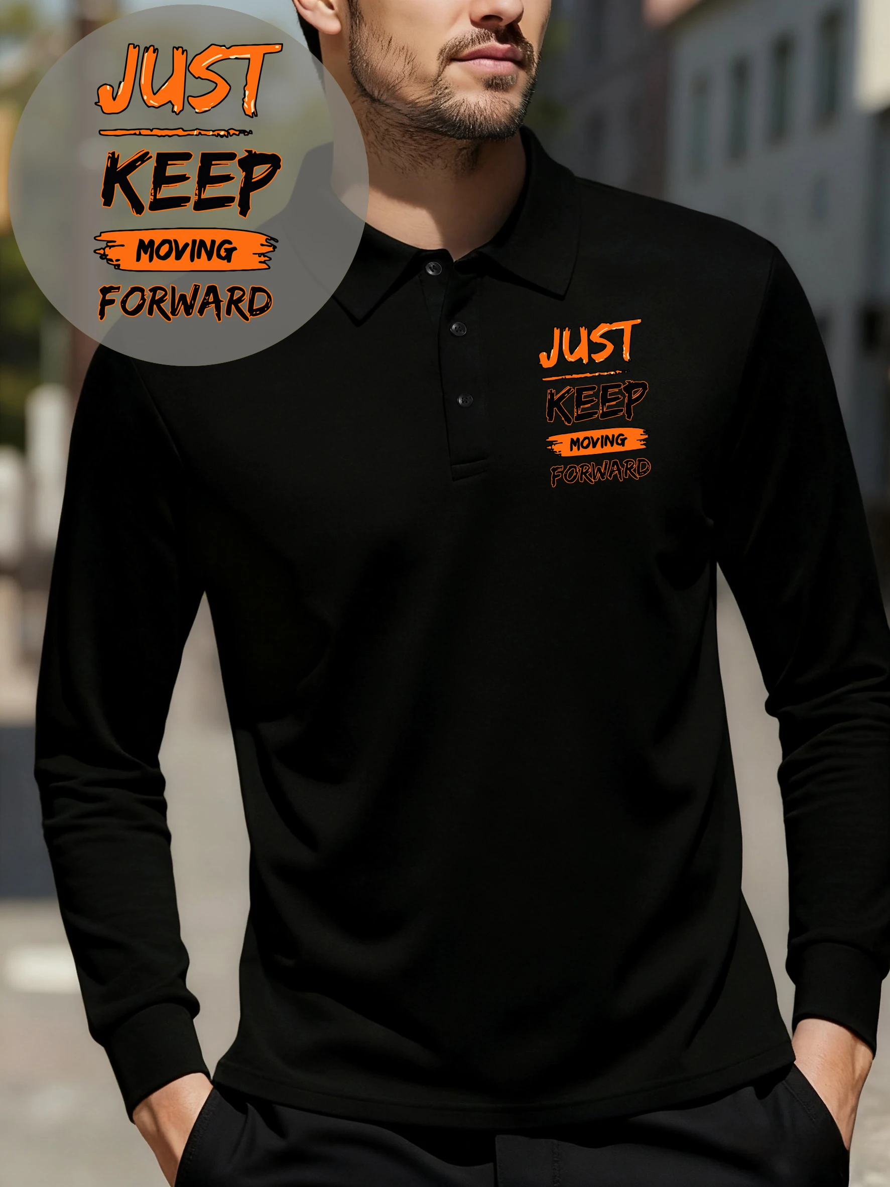 

Мужская удобная рубашка-поло в стиле хип-хоп с длинными рукавами и принтом Just Keep Moving Forward, осенняя повседневная футболка, мягкая флисовая одежда