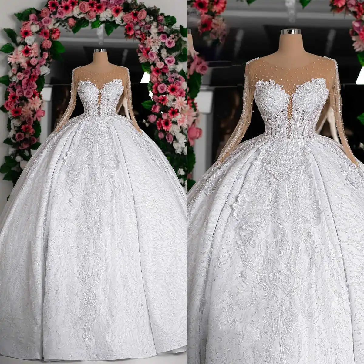 

Luxury Retro Ball Gown Wedding Dresses Illusion Long Sleeves 3D Floral Pattern Princess Puffy Bridal Gowns