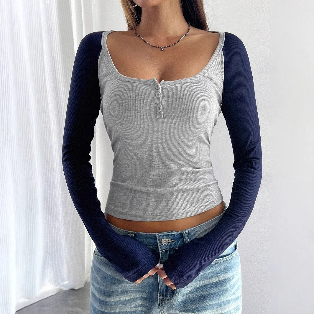 

2025 вязаный укороченный топ с длинными рукавами и цветными блоками для женщин Y2K, тонкий пуловер, сексуальная уличная модная футболка