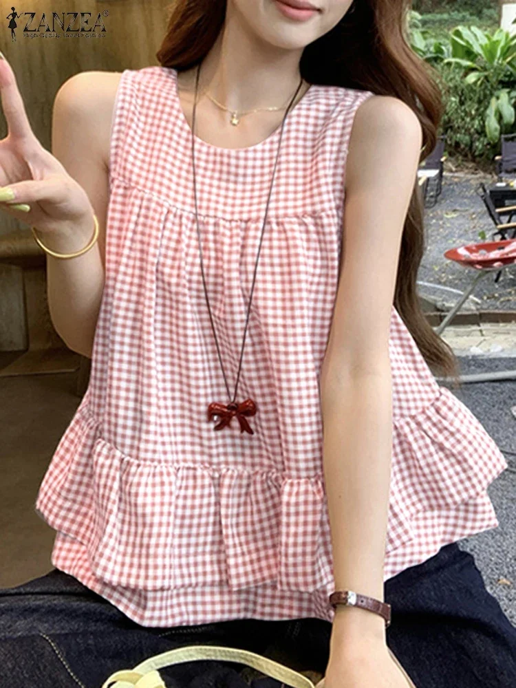 ZANZEA Mode Tank Tops Frauen Sommer Ärmellose T-shirts 2025, Elegante Rüschen Plaid Shirts Beiläufige Lose Tanks Vintage Print Blusas