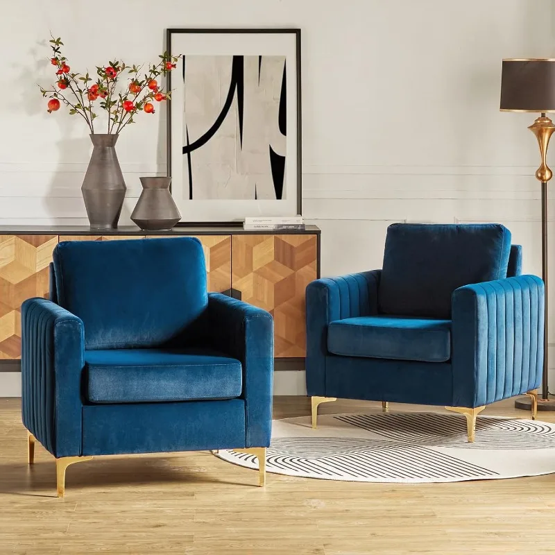 

E Velvet Accent Club Chairs Set of 2, Modern Velvet Armchair Upholstered Accent Club Chairs Sofa Chairs with Gold Meta
