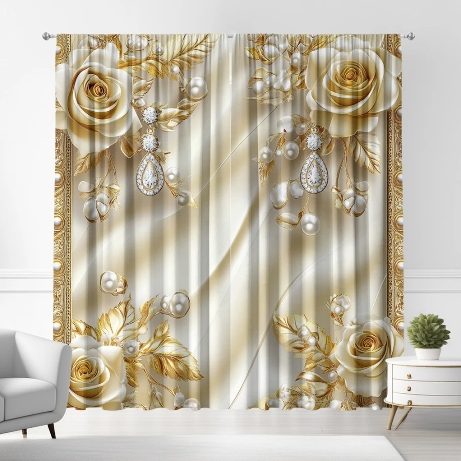 2PCS Digital Printed Curtains, European Diamond Golden Flower Pattern, Stylish Window Treatment for Living Room Bedroom Decor