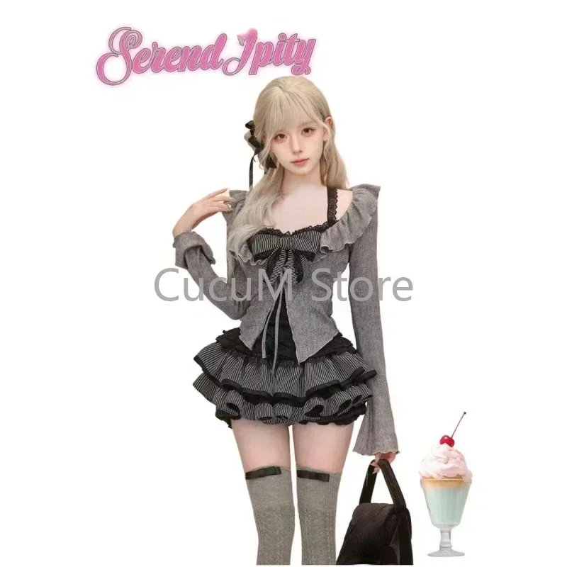 Sweet Lolita-Cardigan à volants à lacets, jupe froncée taille haute, glaçure sans bretelles, coupe couvertes sexy, ensembles de 3 pièces, début d'automne