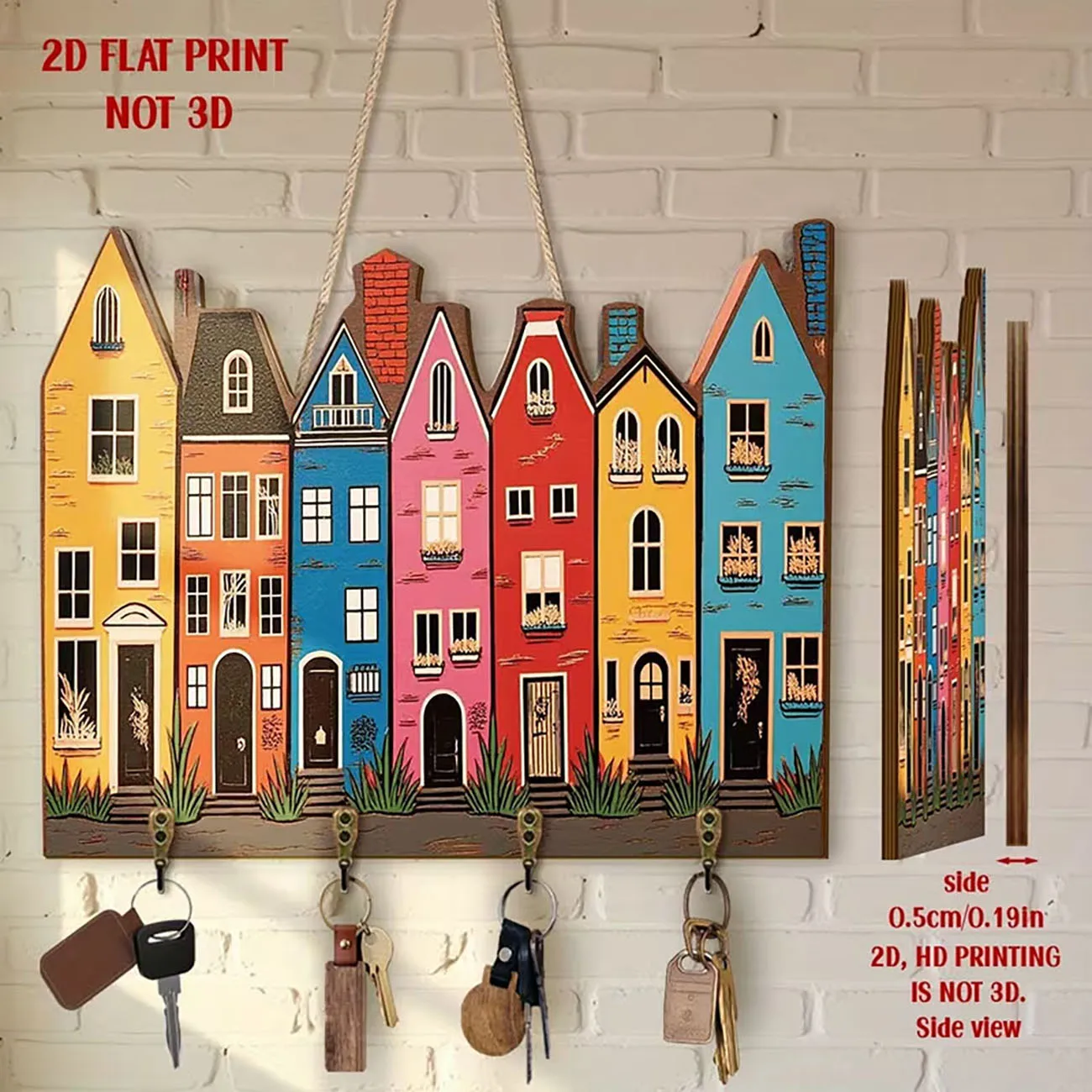 Colorful European Town House Wooden Key Holder Wall Decor With Four Metal Hooks 2D Flat HD Print Art