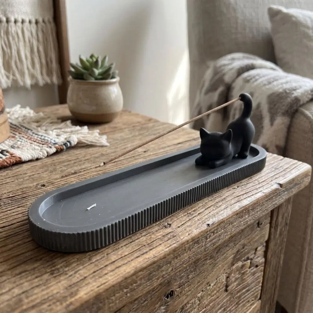 Zen Style Black Cat Incense Stick Holder 3D Printed Plastic Incense Burner with Ash Catcher Funny Mobile Cat